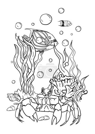 Illustration for Vector illustration of a coloring book of the underwater world with beautiful fish, shells, algae in the sea. Vector illustration - Royalty Free Image