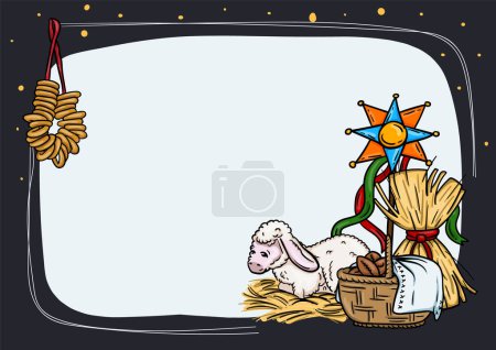 Illustration for Bright vector illustration. Ukrainian Christmas card template with national traditions and elements. Background for power point. Vector illustration - Royalty Free Image