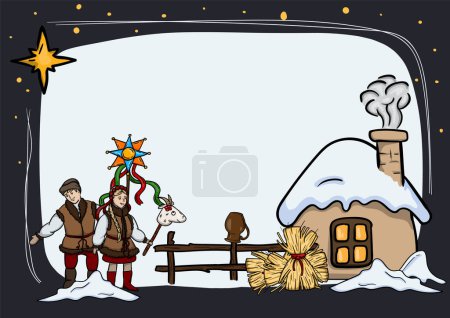 Téléchargez les illustrations : Illustration vectorielle lumineuse. Modèle de carte de Noël ukrainienne avec des traditions et des éléments nationaux. Contexte du point d'alimentation. Illustration vectorielle - en licence libre de droit
