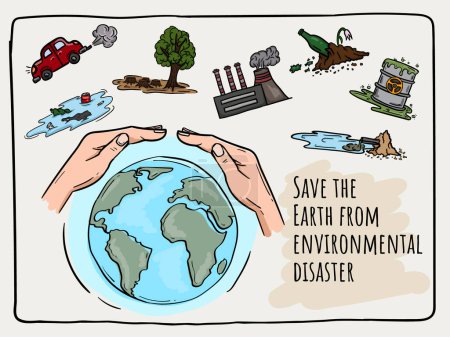 Bright vector illustration of the protection of the Earth from destructive factors. Environmental Disaster, Pollution and Global Warming. Vector illustration
