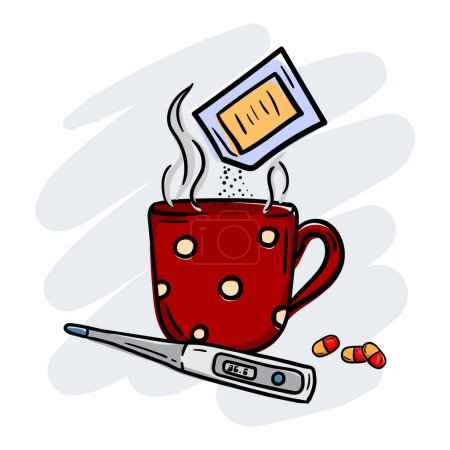 Illustration for Hot beverage for the treatment of colds, a sachet of medicines, capsules, tablets and a thermometer. Vector illustration - Royalty Free Image