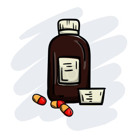 Ilustración de Ilustración de garabatos dibujados a mano brillante con medicamentos. Jarabe para la tos con vaso medidor y tabletas de cápsulas. Ilustración vectorial - Imagen libre de derechos