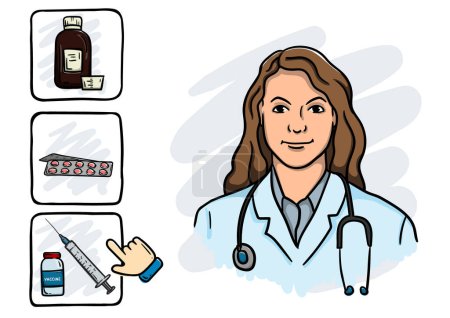 Ilustración de La joven doctora con estetoscopio aconseja elegir la vacunación en lugar del tratamiento. Ilustración vectorial - Imagen libre de derechos