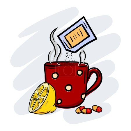 Illustration pour Poudre antipyrétique pour la grippe et covide diluée dans une tasse de thé chaud, citron et capsules, comprimés froids. Illustration vectorielle - image libre de droit