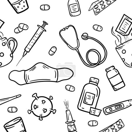 Ilustración de Patrón de vectores sin fisuras con elementos médicos, medicamentos, virus, píldoras, vacuna y taza de té. Ilustración vectorial - Imagen libre de derechos