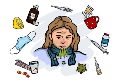 Ilustración de Niña enferma en pañuelo con tos y secreción nasal y elementos médicos, máscara quirúrgica, medicamentos, vacunas y virus. Ilustración vectorial - Imagen libre de derechos