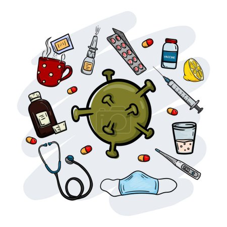Ilustración de Gripe y virus covid y artículos médicos. Medicamentos y té, vacuna, máscara médica, estetoscopio, jarabe para la tos, limón, termómetro. Ilustración vectorial - Imagen libre de derechos