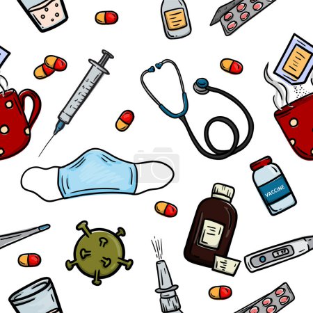Illustration pour Modèle vectoriel sans couture avec des éléments médicaux, des médicaments, des virus, des pilules, un vaccin et une tasse de thé. Illustration vectorielle - image libre de droit