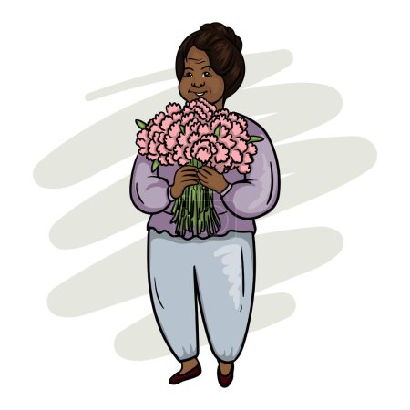 Illustration for A beautiful fat black woman holds a bouquet of flowers in her hands. Postcard for International Womens Day. Vector illustration - Royalty Free Image