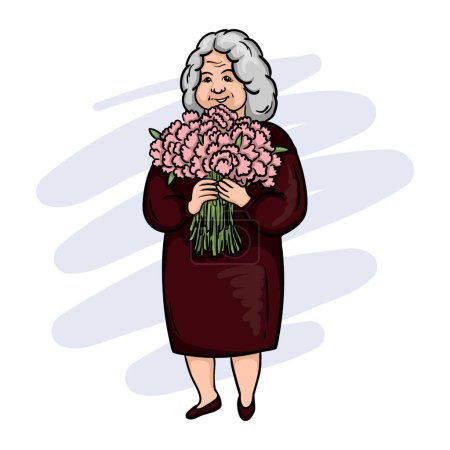 Illustration for Cute elderly plump woman, grandmother with flowers. Postcard for International Womens Day. Vector illustration - Royalty Free Image