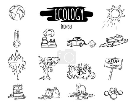 Vector hand drawn set of black on white icons of ecology, global warming, climate change and environmental disaster. Vector illustration
