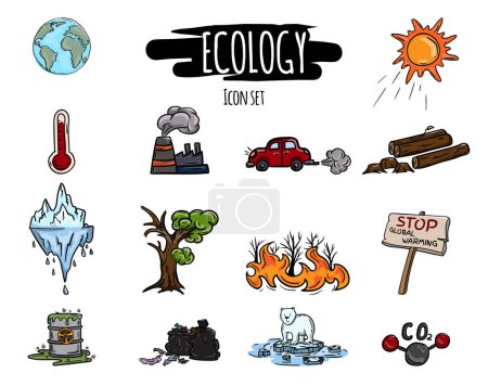 Vector hand drawn set of bright icons of ecology, global warming, climate change, toxic waste and deforestation. Vector illustration
