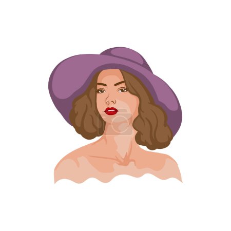 Téléchargez les illustrations : Portrait d'une belle jeune femme à la mode aux épaules nues portant un chapeau. Illustration vectorielle. - en licence libre de droit