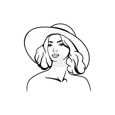 Téléchargez les illustrations : Contour dessin noir et blanc d'une belle jeune femme à la mode dans un chapeau. Illustration vectorielle - en licence libre de droit
