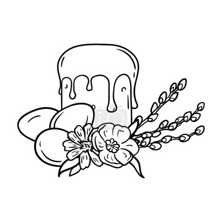 Illustration for Coloring page Easter cake, eggs, flowers and willow branches. Black and white vector illustration. Greeting card. Vector illustration - Royalty Free Image