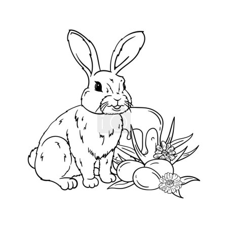 Ilustración de Una liebre se sienta cerca de un pastel de Pascua y huevos en flores. Libro para colorear, ilustración en blanco y negro para tarjeta de Pascua. Ilustración vectorial - Imagen libre de derechos