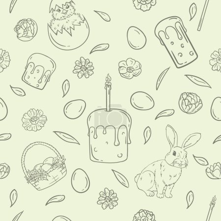 Ilustración de Contour seamless Easter pattern for gift paper with Easter cakes, eggs, flowers, hare, chicken in shell and pussy willow. Vector illustration - Imagen libre de derechos