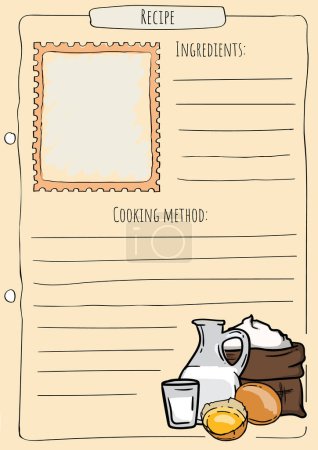 Página de libro de cocina. Plantilla de receta con foto y espacio para la descripción. Ilustración vectorial de leche, harina y huevos. Ilustración vectorial
