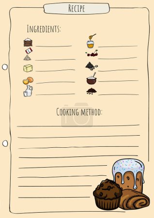 Cookbook page. List of ingredients. Recipe template. Vector illustration of buns, cupcakes and pie. Vector illustration