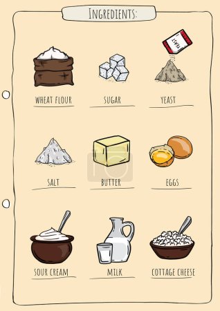 Vector editable cookbook page template with images and names of baking ingredients and recipes. Vector illustration