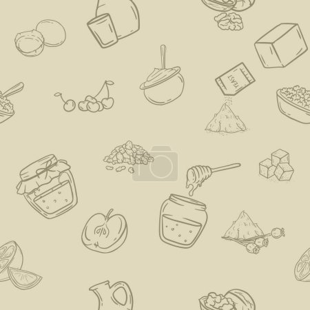 Editable seamless pattern with products and ingredients. Vector illustration for craft paper and background. Vector illustration