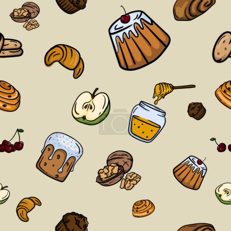 Bright vector seamless pattern with baked goods, fruits and ingredients. Editable background for gift paper. Vector illustration