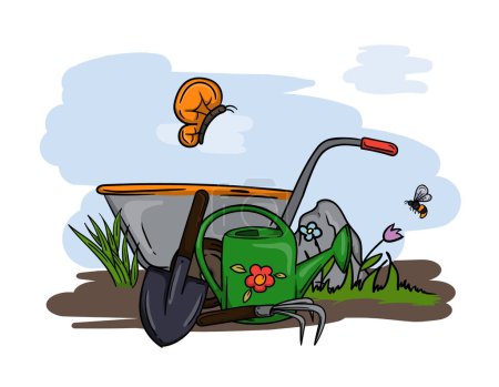 Ilustración dibujada a mano brillante vector de herramientas de jardín, regadera, pala, carro y naturaleza de primavera. Ilustración vectorial