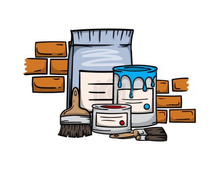 Building and Renovation. Bright vector editable illustration with brick wall, paint, brushes and building mixtures. Vector illustration