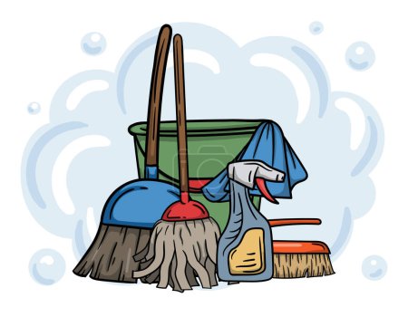Cleaning services concept. Editable illustration with rag, mop and bucket. Advertising of home, office cleaning services. Vector illustration