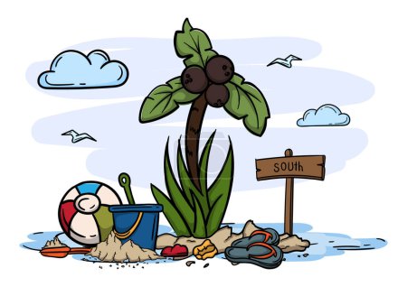 Ilustración de Vacaciones de verano y concepto de turismo. Ilustración editable vector brillante con mar, palmera, juguetes para niños y puntero. Ilustración vectorial - Imagen libre de derechos