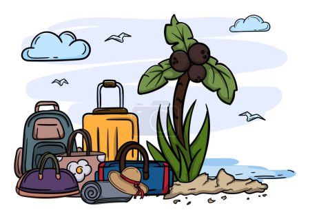 Ilustración de Vacaciones de verano y concepto de turismo. Ilustración editable vector brillante con mar, playa, palmera, maletas y bolsas. Ilustración vectorial - Imagen libre de derechos