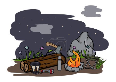Hiking and camping. Editable vector illustration of a night landscape with a bonfire, logs and an ax. Vector illustration