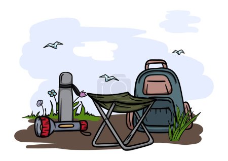 Wandern und Zelten. Editierbare Vektorillustration einer Touristenlandschaft mit einem süßen Stuhl, einem Rucksack und einer Thermoskanne. Vektorillustration