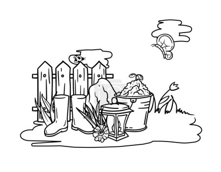 Téléchargez les illustrations : Livre à colorier pour enfants avec outils de jardin, clôture, lanterne, bottes en caoutchouc et printemps nature. Image en noir et blanc. Illustration vectorielle - en licence libre de droit