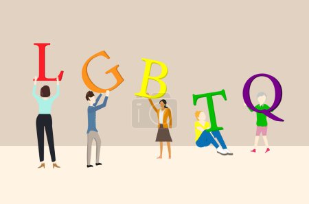 Téléchargez les illustrations : Un groupe de personnes LGBT se réunissent pour élever l'alphabet. - en licence libre de droit