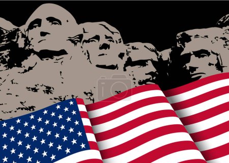 Amerika-Flagge schwenkend und vier ehemalige Präsidenten Statue am Mount Rushmore Nationaldenkmal auf schwarzem Hintergrund