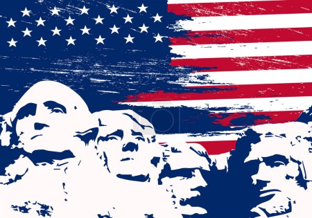 Illustration for American flag and statue of four former presidents at Mount Rushmore National Monument, grunge style on blue background. - Royalty Free Image