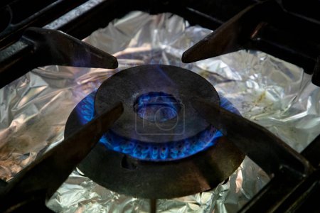 Foto de Stoves. Kitchen room. Gas stove with burning propane gas flames. Concept of industrial resources and economy. - Imagen libre de derechos
