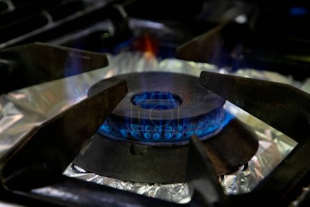 Foto de Stoves. Kitchen room. Gas stove with burning propane gas flames. Concept of industrial resources and economy. - Imagen libre de derechos