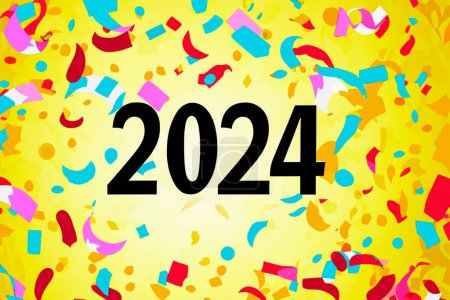 Foto de 2024. Año Nuevo, 2024. Números en un fondo de confeti. Diseño horizontal. Feliz Año Nuevo 2024. - Imagen libre de derechos
