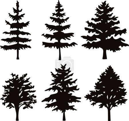 Collection of winter tree silhouettes separated from the background. Set of isolated vector design elements. Hand drawn illustration in sketch style. Nature template. Clipart.
