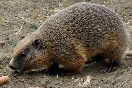 Foto de Marmota. A Groundhog (Marmota monax) under a holly bush. Raleigh, Carolina del Norte. Enfoque selectivo en la marmota en primer plano. Día de la Marmota. 2 de febrero. 2024. - Imagen libre de derechos