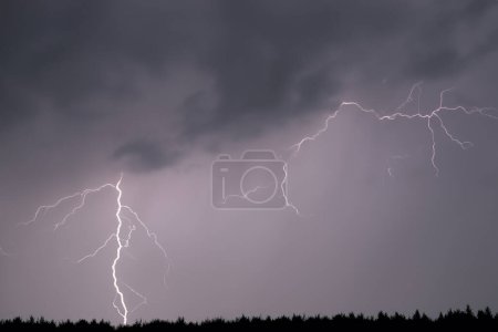 Photo for Ray. Lightning. Electric storm. Strong electrical storm with lots of lightning and thunder. Electrical storm over fields. Lightning photography. Silhouette of buildings and trees. - Royalty Free Image