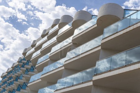 Main facade of a hotel in the Majorcan tourist resort of Cala Millor, Spain