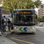 Palma de Mallorca, Spain; september 11 2023: Bus stop with passengers waiting the bus of the public company EMT, Palma de Mallorca, Spain