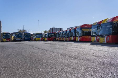 Photo for Felanitx, Spain; december 06 2023: Buses of the public company TIB, transport of the Balearic Islands, parked in an industrial park on a sunny morning. Felanitx, island of Majorca, Spain - Royalty Free Image