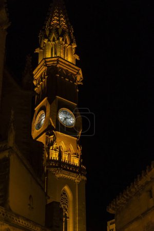 Photo for Night view of the clock tower of the parish church in the Majorcan town of Manacor, Spain - Royalty Free Image