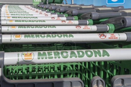 Téléchargez les photos : Manacor, Espagne ; 02 janvier 2024 : Chariots de supermarché en métal de la chaîne internationale de supermarchés Mercadona. Manacor, île de Majorque, Espagne - en image libre de droit