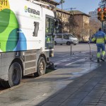 Palma de Mallorca, Spain; january 12 2024: Operator and truck cleaning the streets of Palma de Mallorca with pressurized water, of the public company Emaya. Spain