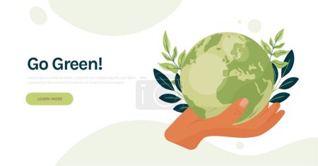 Foto de Save Earth Ecology concept with hand holding Globe and leaves, Eco Green, Modern landing web page template. - Imagen libre de derechos
